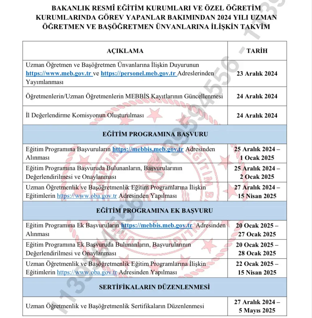 Uzman ve Başöğretmenlik Başvuru Takvimi 2025: Tarihler